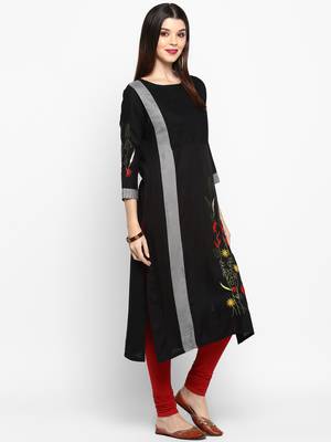 Women's Resham Embroidery Straight Rayon Black Kurti 4