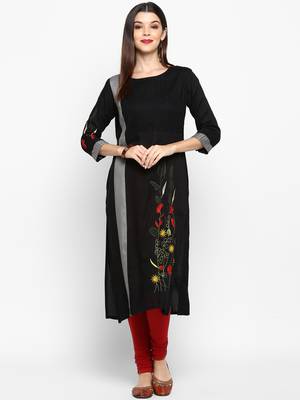 Women's Resham Embroidery Straight Rayon Black Kurti 6