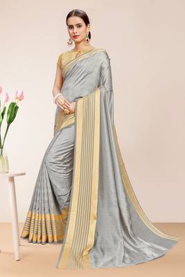 Gray Sana Silk Striped Print Saree with Blouse Piece 1