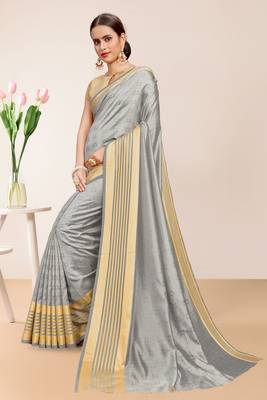 Gray Sana Silk Striped Print Saree with Blouse Piece 2