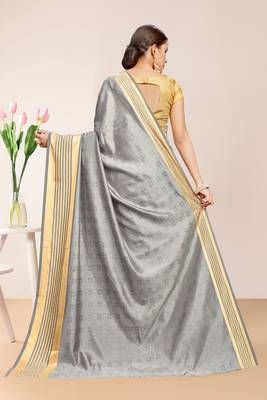 Gray Sana Silk Striped Print Saree with Blouse Piece 3