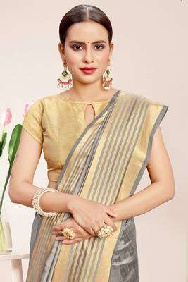 Gray Sana Silk Striped Print Saree with Blouse Piece 4