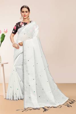White Linen Self Design Saree with Blouse Piece 1