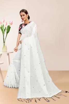 White Linen Self Design Saree with Blouse Piece 2