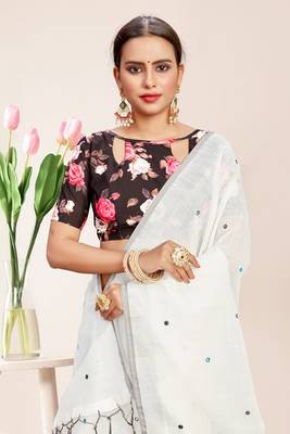 White Linen Self Design Saree with Blouse Piece 4
