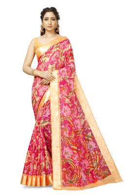 Light Pink Cotton Floral Saree with Blouse Piece 1