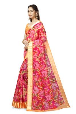 Light Pink Cotton Floral Saree with Blouse Piece 2