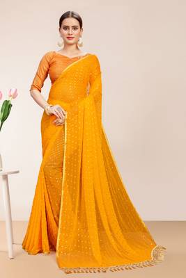 Yellow Georgette Chiffon Blend Striped Saree with Blouse Piece 1