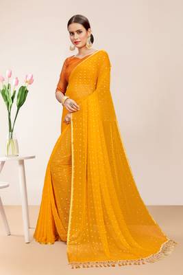 Yellow Georgette Chiffon Blend Striped Saree with Blouse Piece 2