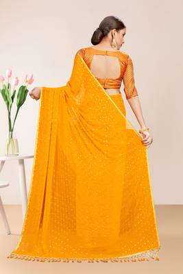 Yellow Georgette Chiffon Blend Striped Saree with Blouse Piece 3