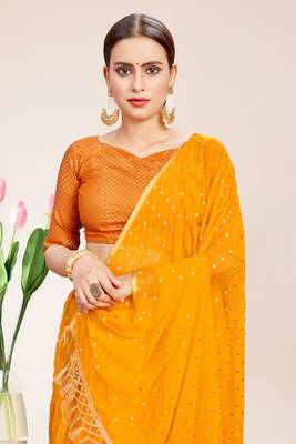 Yellow Georgette Chiffon Blend Striped Saree with Blouse Piece 4