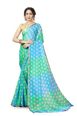 Sky Blue and Green Georgette Chiffon Blend Checkered Saree with Blouse Piece 1