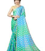 Sky Blue and Green Georgette Chiffon Blend Checkered Saree with Blouse Piece