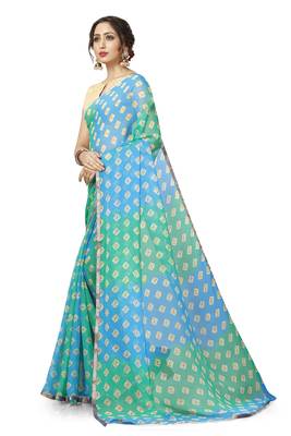 Sky Blue and Green Georgette Chiffon Blend Checkered Saree with Blouse Piece 2