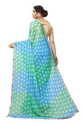 Sky Blue and Green Georgette Chiffon Blend Checkered Saree with Blouse Piece 3