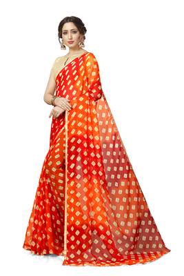 Red Georgette Chiffon Blend Checkered Saree with Blouse Piece 2