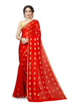 Red Georgette Chiffon Blend Checkered Saree with Blouse Piece 1