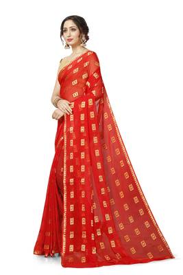 Red Georgette Chiffon Blend Checkered Saree with Blouse Piece 2
