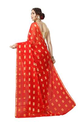 Red Georgette Chiffon Blend Checkered Saree with Blouse Piece 3