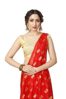 Red Georgette Chiffon Blend Checkered Saree with Blouse Piece 4