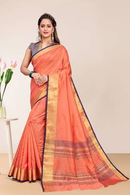 Peach Cotton Striped Saree with Blouse Piece 1