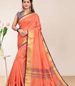 Peach Cotton Striped Saree with Blouse Piece