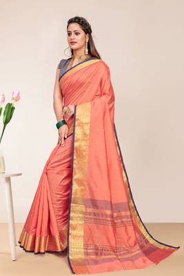 Peach Cotton Striped Saree with Blouse Piece 2
