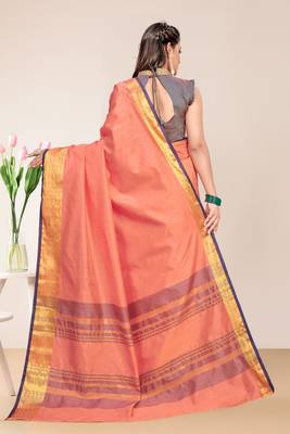 Peach Cotton Striped Saree with Blouse Piece 3