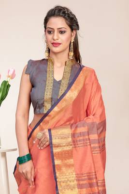Peach Cotton Striped Saree with Blouse Piece 4
