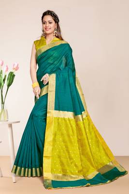 Green Cotton Striped Saree with Blouse Piece 1
