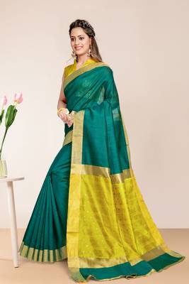 Green Cotton Striped Saree with Blouse Piece 2
