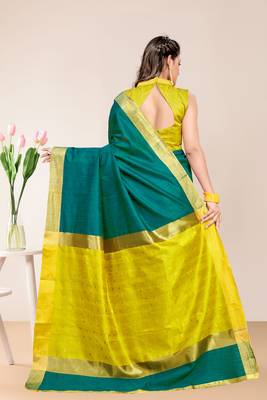Green Cotton Striped Saree with Blouse Piece 3