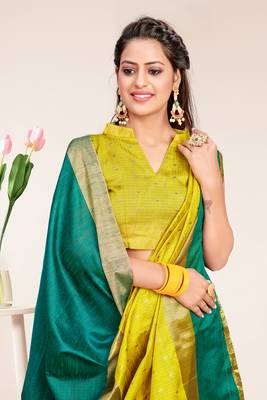 Green Cotton Striped Saree with Blouse Piece 4