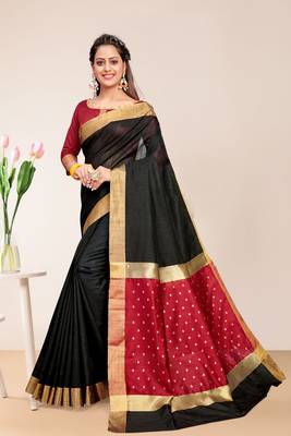 Black Cotton Striped Saree with Blouse Piece 1