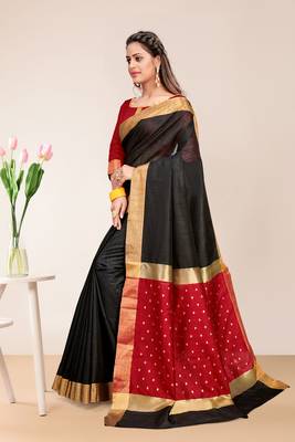 Black Cotton Striped Saree with Blouse Piece 2