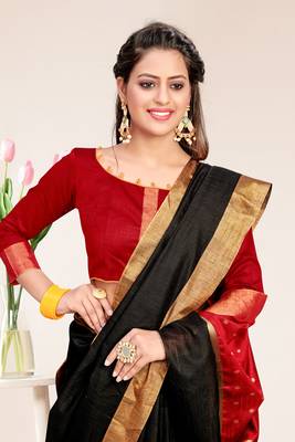 Black Cotton Striped Saree with Blouse Piece 4