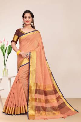 Peach Cotton Striped Saree with Blouse Piece 1