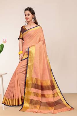 Peach Cotton Striped Saree with Blouse Piece 2