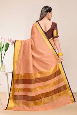 Peach Cotton Striped Saree with Blouse Piece 3