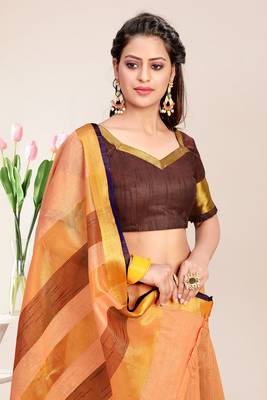 Peach Cotton Striped Saree with Blouse Piece 4