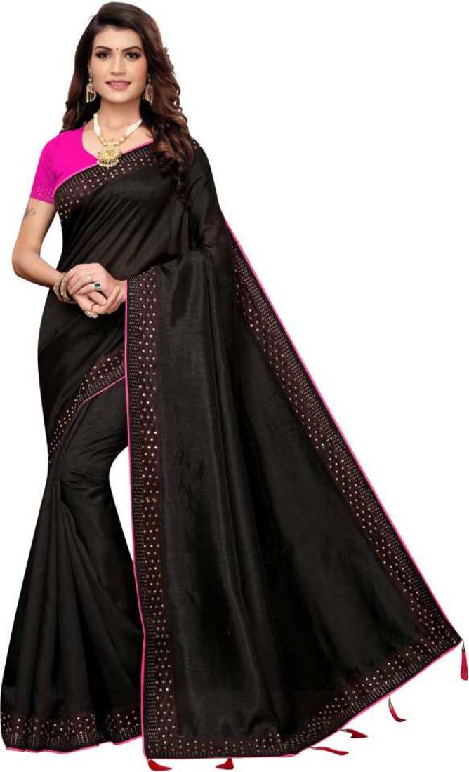Black Sana Silk Stone Work Saree With Blouse