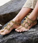 Antique Gold Plated Barefoot Sandal Anklets Payal Toe Ring Attached