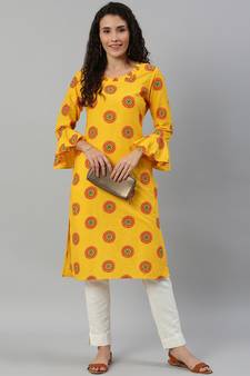Straight Mustard Foil Printed Rayon Cotton Kurta For Girls's and Women's 