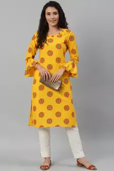 Straight Mustard Foil Printed Rayon Cotton Kurta For Girls's and Women's 