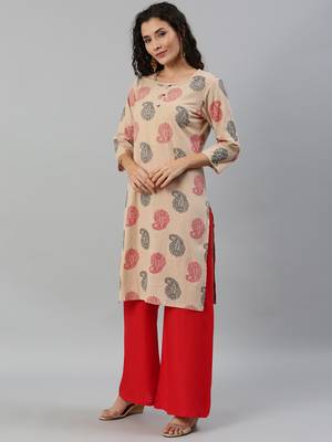 Kimisha Cotton Printed Straight Kurta(Beige) 3