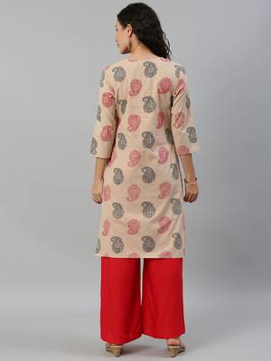 Kimisha Cotton Printed Straight Kurta(Beige) 4