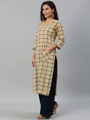 Cotton Printed Straight Kurti(Beige) 4