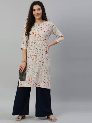 Kimisha Women's Rayon Printed Straight Kurti(Off-Wihte) 1