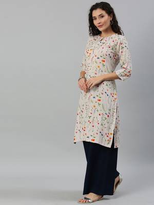 Kimisha Women's Rayon Printed Straight Kurti(Off-Wihte) 3