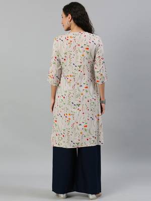 Kimisha Women's Rayon Printed Straight Kurti(Off-Wihte) 4